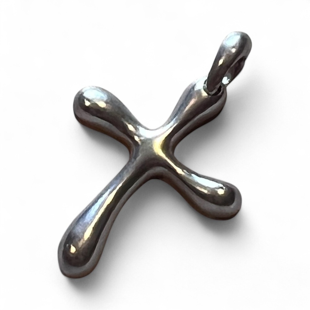Sterling Silver Cross‎ Pendant Modern Rounded Sculptural Necklace Charm 925 "C"